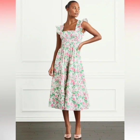 Hill House Floral Midi Dress in White, Pink & Green - Picture 2 of 11